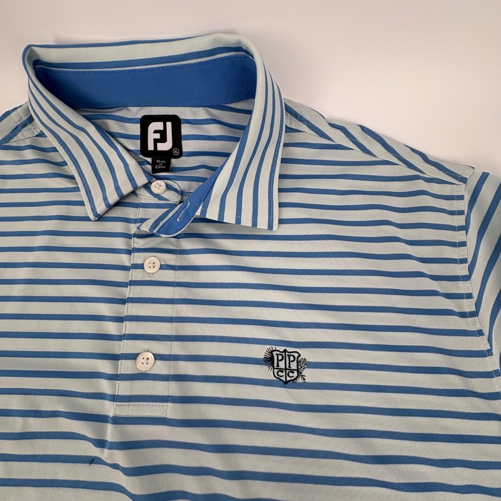 FootJoy Mens XL Striped‎ Golf Polo Shirt Short Sleeve Blue White PPCC Logo FJ